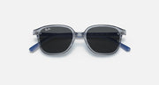 Dark lens cat-eye sunglasses with transparent blue frame and slim side temples