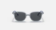 Dark lens cat-eye sunglasses with transparent blue frame, front-facing view