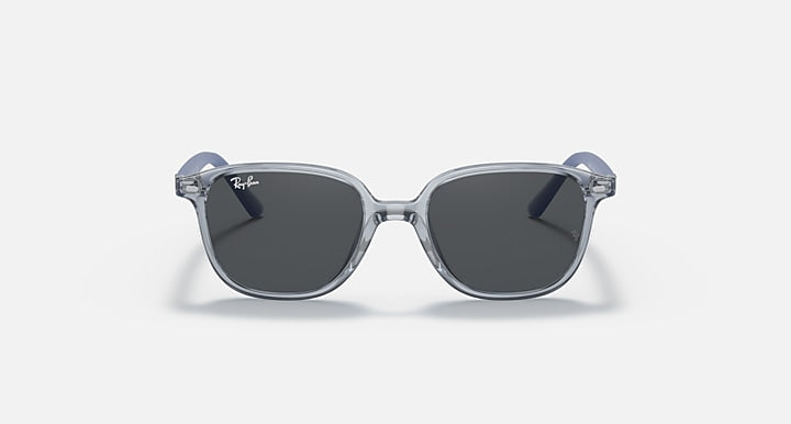 Dark lens cat-eye sunglasses with transparent blue frame, front-facing view