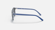 Transparent blue sunglasses with slim rectangular frame and curved side arms