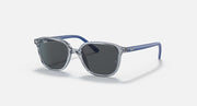 Dark lens cat-eye sunglasses with transparent blue frame and blue temple tips