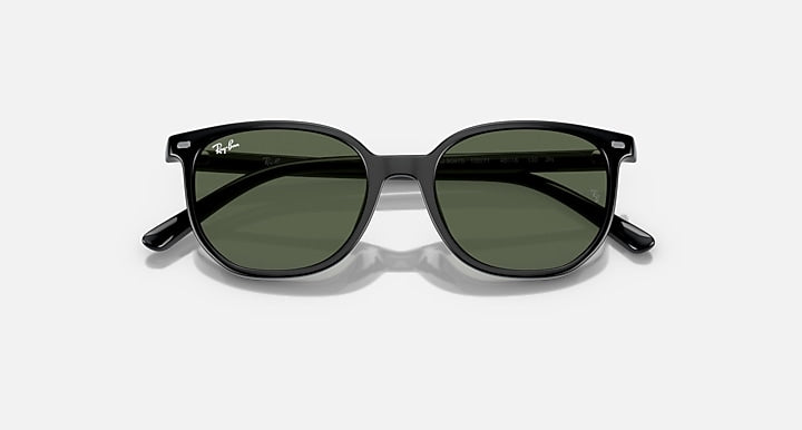 Ray-Ban Elliot sunglasses with dark green lenses and black frame, angled view