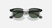 Ray-Ban RJ9098S sunglasses with transparent frame and dark green lenses, angled front view