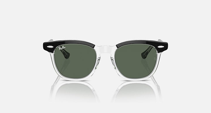 Ray-Ban RJ9098S sunglasses with transparent frame and dark green lenses, front view