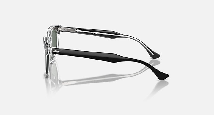Ray-Ban RJ9098S sunglasses side profile with clear frame and dark lenses, curved temples