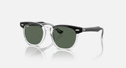 Ray-Ban RJ9098S sunglasses with transparent frame and dark green lenses, rounded rectangular shape