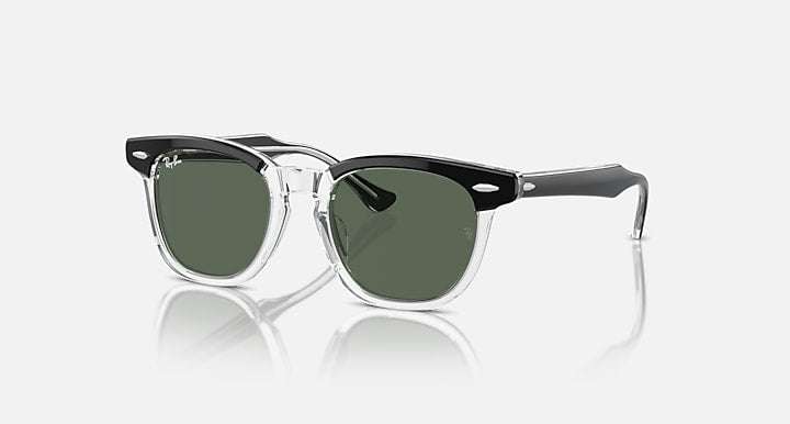 Ray-Ban RJ9098S sunglasses with transparent frame and dark green lenses, rounded rectangular shape