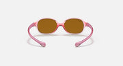 Pink oval sunglasses with brown tinted lenses and curved front frame