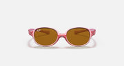 Pink oval sunglasses with brown tinted lenses and glossy round nose bridge