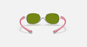 Clear oval sunglasses with green tinted lenses and pink curved temple arms