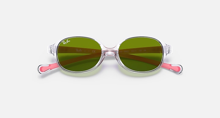 Clear oval sunglasses with green tinted lenses and pink temple accents
