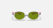 Clear oval sunglasses with green tinted lenses and pink temple tips