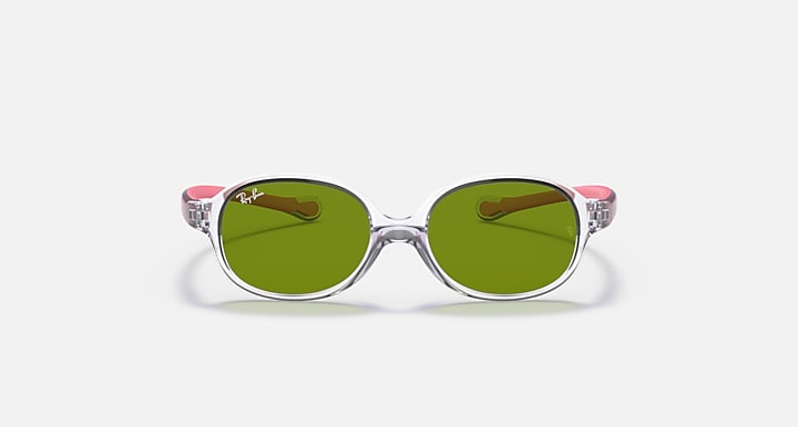 Clear oval sunglasses with green tinted lenses and pink temple tips