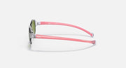 Side view clear oval sunglasses with green tinted lenses and pink trim