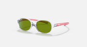 Clear and pink oval sunglasses with green tinted lenses and slim arms