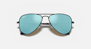 Black aviator sunglasses with light teal mirrored lenses and thin wire frame