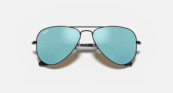 Black aviator sunglasses with light teal mirrored lenses and thin wire frame