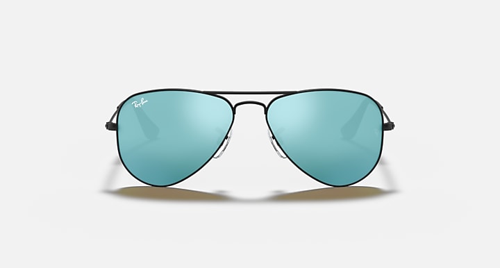 Black aviator sunglasses with teal lenses, front view