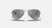 Aviator sunglasses with dark gray lenses and silver-tone metal frame, temple details