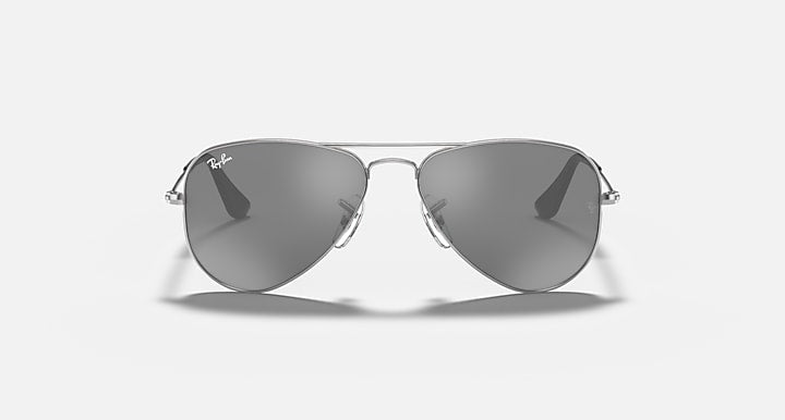 Aviator sunglasses with dark gray lenses and silver-tone metal frame, temple details