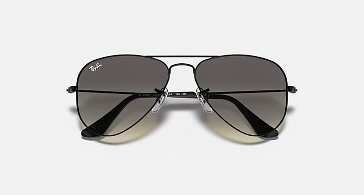 Ray-Ban metal aviator sunglasses with black frame and dark gray mirrored lenses