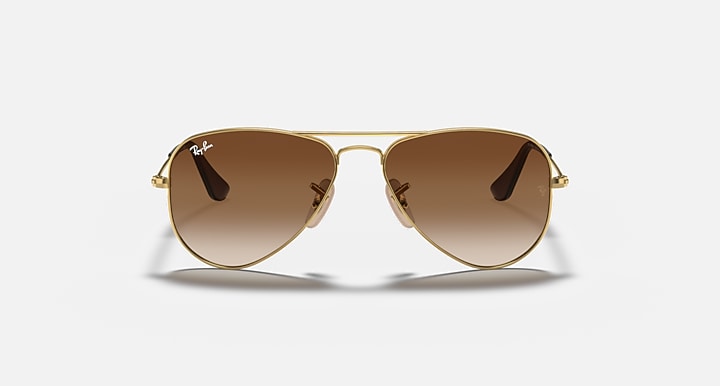 Ray-Ban aviator sunglasses, gold frame with brown gradient lenses, front view