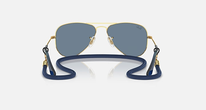 Ray-Ban aviator sunglasses with gold frame and blue mirrored lenses, with blue strap detail