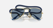 Ray-Ban aviator sunglasses with gold frame and blue mirrored lenses, top view