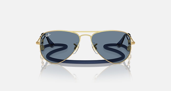 Ray-Ban aviator sunglasses with gold metal frame and blue mirrored lenses