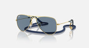 Ray-Ban aviator sunglasses with gold frame and blue mirrored lenses
