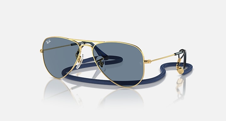 Ray-Ban aviator sunglasses with gold frame and blue mirrored lenses