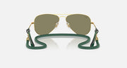 Metal aviator sunglasses with gold frame and olive green mirrored lenses, green strap loops
