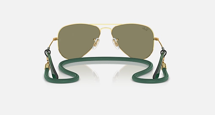 Metal aviator sunglasses with gold frame and olive green mirrored lenses, green strap loops