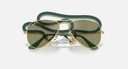 Metal aviator sunglasses with gold frame and olive green mirrored lenses, green strap in front