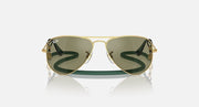 Metal aviator sunglasses with gold frame and olive green mirrored lenses, straight on