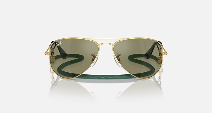 Metal aviator sunglasses with gold frame and olive green mirrored lenses, straight on