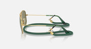 Metal aviator sunglasses with gold frame and olive green mirrored lenses with green strap