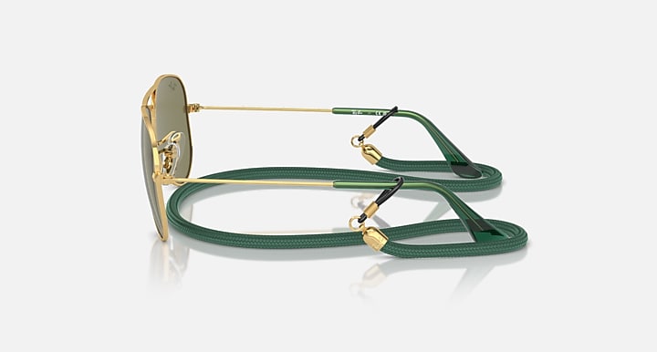 Metal aviator sunglasses with gold frame and olive green mirrored lenses with green strap