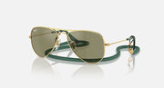 Metal aviator sunglasses with gold frame and olive green mirrored lenses, front view