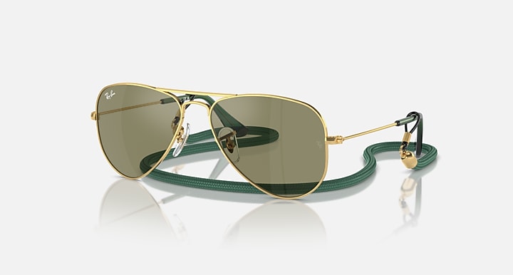 Metal aviator sunglasses with gold frame and olive green mirrored lenses, front view