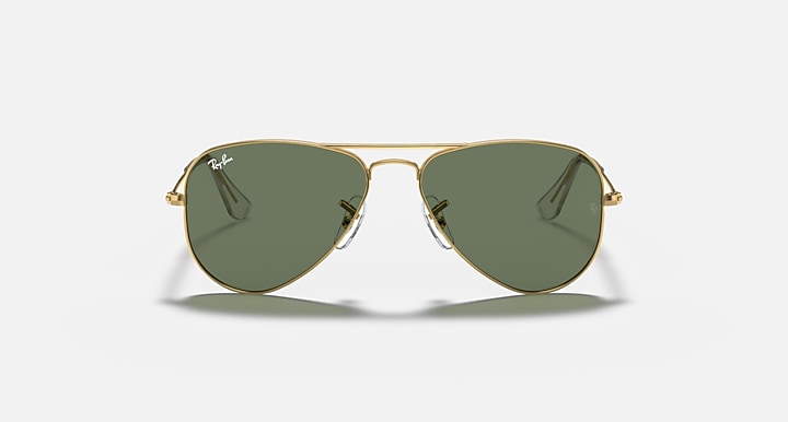 Junior metal aviator sunglasses, front view, gold frame with dark green lenses