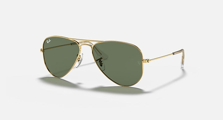Junior metal aviator sunglasses with gold frame and dark green lenses