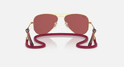 Ray-Ban aviator sunglasses, rose-gold frame with maroon lenses and burgundy adjustable strap