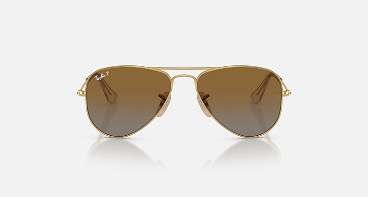Ray-Ban aviator sunglasses with gold frame and dark brown gradient lenses, front view
