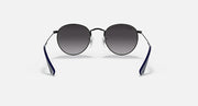Ray-Ban round sunglasses with silver frame and dark lenses with blue temple accents
