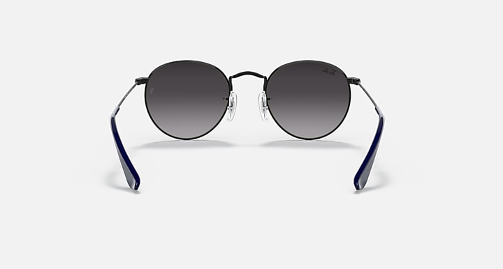 Ray-Ban round sunglasses with silver frame and dark lenses with blue temple accents