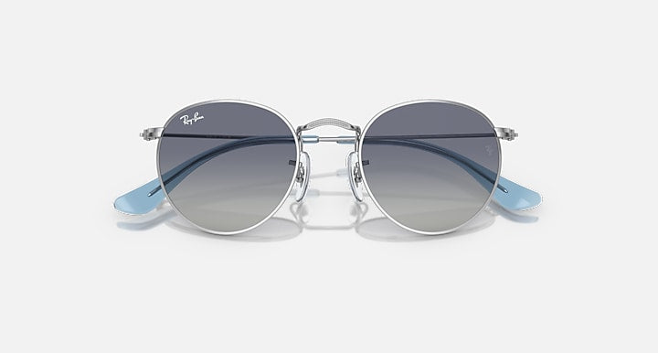 Ray-Ban round sunglasses with silver frame and blue-tinted gradient lenses