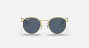 Gold round sunglasses with dark lenses and visible hinge details on temples.