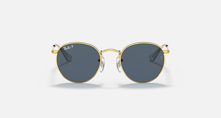 Gold round sunglasses with dark lenses and visible hinge details on temples.