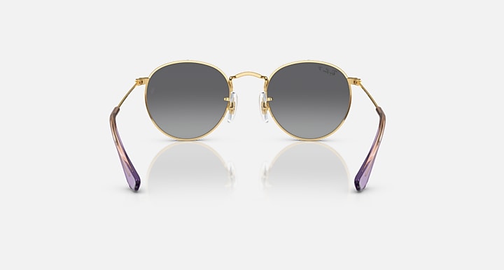 Round Ray-Ban sunglasses with gold frame, dark gray lenses, and purple temple detail